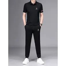 Terno esportivo verão novo estilo de seda gelo respirável camisa polo de manga curta combinando masculino Casual moda te