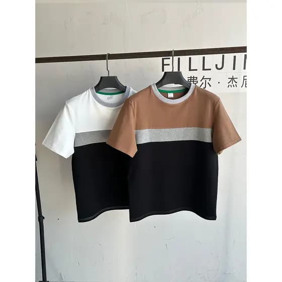 Fergeni Camiseta masculina de verão fina Casual de manga curta, gola redonda, bloqueio de cores, algodão puro, cor contr
