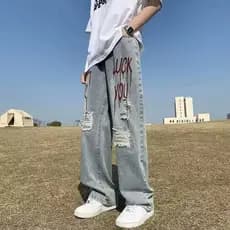 Estilo americano rua lavado angustiado rasgado Jeans masculino primavera outono em linha reta solto europeu americano Hi
