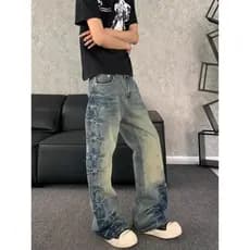 Americano High Street Retro lado plissado ligeiramente queimado Jeans masculino feminino em linha reta perna larga clean