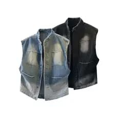 Americano rasgado Denim colete masculino feminino verão Street Wear sem mangas colete na moda gola alta macacão jaqueta
