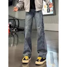 Calças Cleanfit Bonito Estilo Americano Plissado Rebite Jeans Masculino Primavera Corte Diagonal Calças Ligeiramente Cim