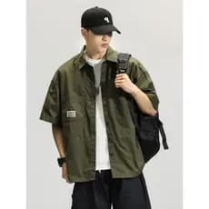 Japonês Retro funcional ferramentas camisa de manga curta masculina tamanho grande Street Wear ins solto jaqueta Casual