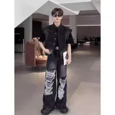 Americano rasgado Denim colete masculino feminino verão Street Wear sem mangas colete na moda lapela jaqueta de carga