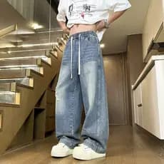 2026 americano Retro Jeans masculino primavera outono cordão cintura elástica calças rua Wear solto em linha reta perna