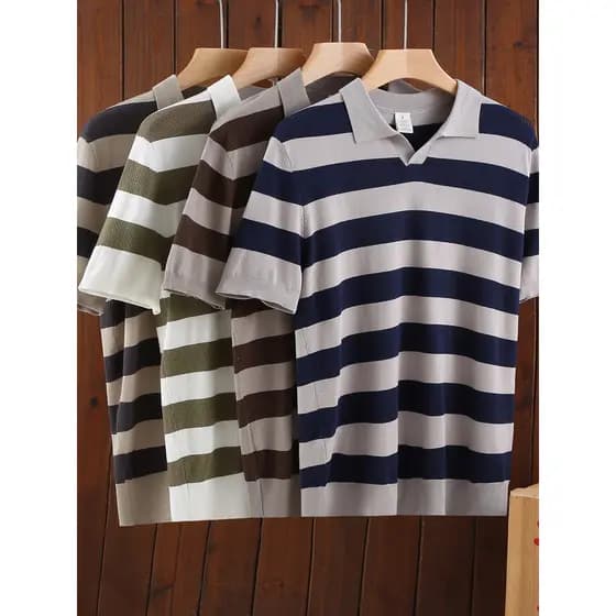 Polo masculino contraste cor listras largas respirável lapela de seda gelada malha de manga curta cor sólida All-Ma