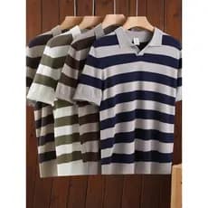 Polo masculino contraste cor listras largas respirável lapela de seda gelada malha de manga curta cor sólida All-Ma