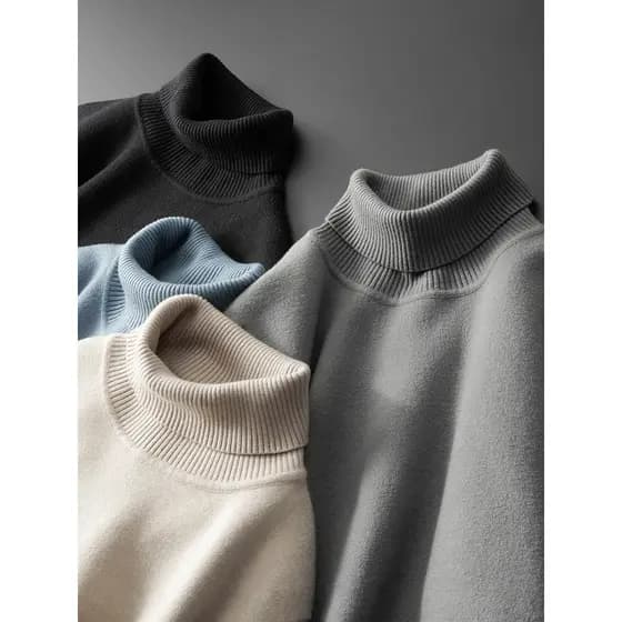 Suéter masculino de lã com forro de lã, Slim fit, quente, inverno, engrossado, peça única, gola alta, cor sólida, camisa