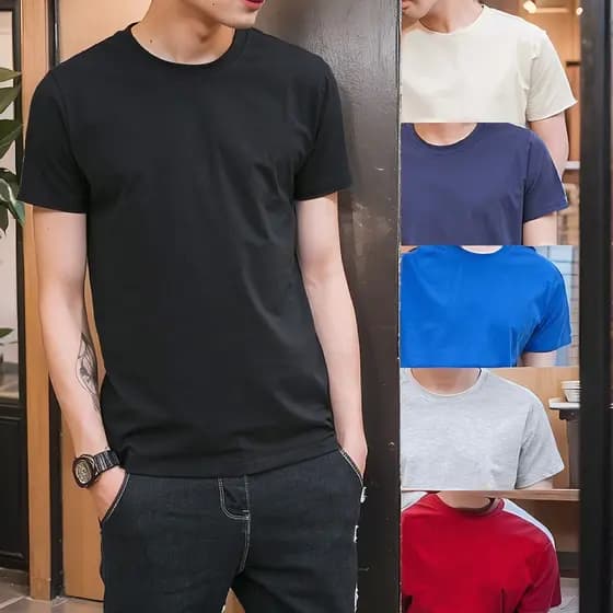 Verão simples cor sólida camisa de fundo verão masculino Casual puro algodão em torno do pescoço de manga curta camiseta