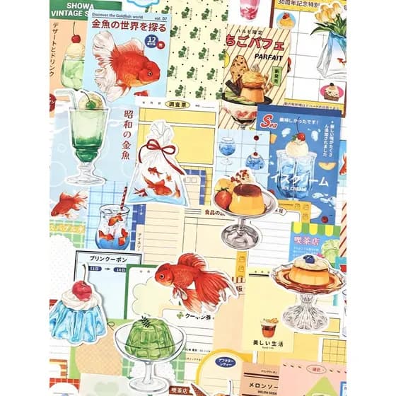 Showa comemorativo antigo Retro manual Material de colagem sala de gelo peixinho raspado gelo japonês comida nota adesiv