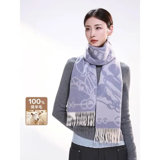 Azul dupla face Jacquard lenço de lã pura feminino 2025 novo estilo outono inverno quente cachecol xale dupla utilização