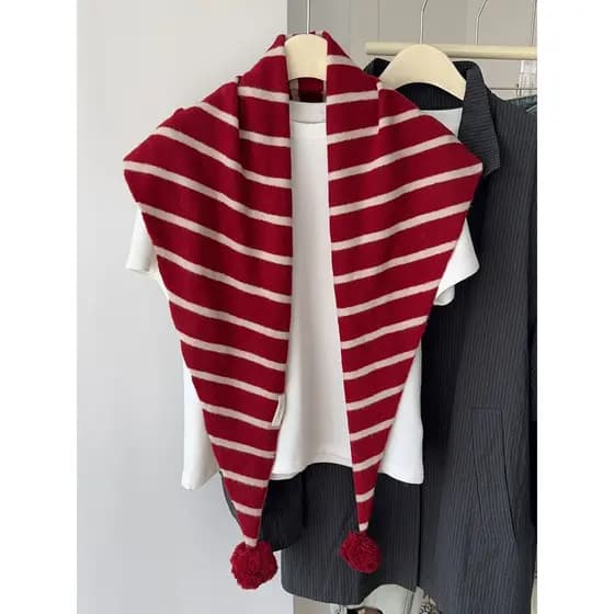 Lã misturada bola de malha listrado triângulo cachecol outono inverno decoração quente xale cachecol feminino vermelho n