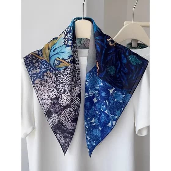 Azul escuro planta flor estrela lua seda algodão lenço quadrado all-match estilo étnico elegante all-match estilo vizinh