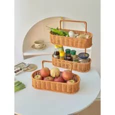 Cozinha cebola gengibre alho cesta de armazenamento imitação Rattan tecido cesta tempero dupla camada prateleira bancada
