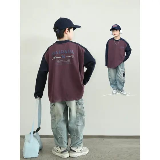 Camiseta pesada meninos de manga comprida roxo 2025 novo estilo crianças outono costura camisa de fundo médio grande cri