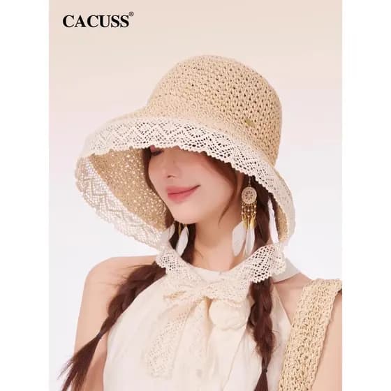CACUSS Chapéu de palha feminino primavera verão 2025 novo estilo protetor solar chapéu de sol à beira-mar férias rendas
