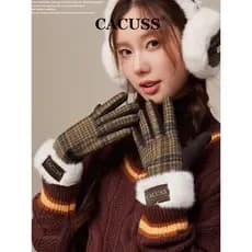 CACUSS Luvas de lã femininas moda inverno retrô xadrez britânica costura camurça falsa espessada à prova de vento manter