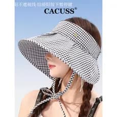 CACUSS Chapéu feminino protetor solar de verão, aba grande, xadrez, Anti-ultravioleta, oco, chapéu de sol dobrável