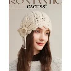 CACUSS Chapéu de malha de crochê feminino outono inverno oco chapéu de lã mostrando rosto pequeno Baotou chapéu frio gra