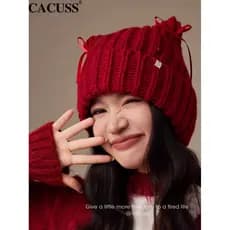 CACUSS chapéu de malha feminino outono inverno bonito Bowknot gato orelha chapéu grande circunferência da cabeça engross
