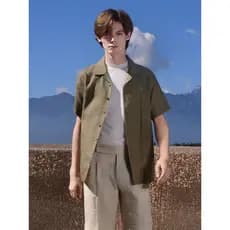 [Linho puro francês] Camisa masculina de manga curta Casual solta camisa interna de alta qualidade jaqueta Top verão