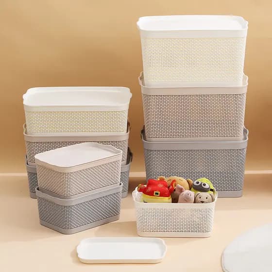 Jiadongli cesta de armazenamento de plástico retangular com tampa caixa de armazenamento de mesa lanche caixa de armazen
