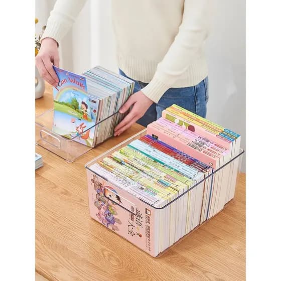 Caixa de armazenamento de livros, grande capacidade, espessada, transparente, estante, suporte de mesa, ferramenta útil,