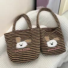 Outono inverno listrado saco de pelúcia feminino 2025 novo estilo na moda bonito dos desenhos animados sacola grande cap