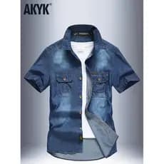 Battlefield verão camisa jeans masculina de manga curta camisa Casual puro algodão tamanho grande solto Multi-bolso Pole