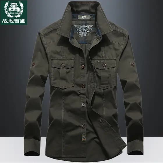 Primavera outono militar Workwear camisa masculina de manga comprida puro algodão topo solto tamanho grande Multi-bolso