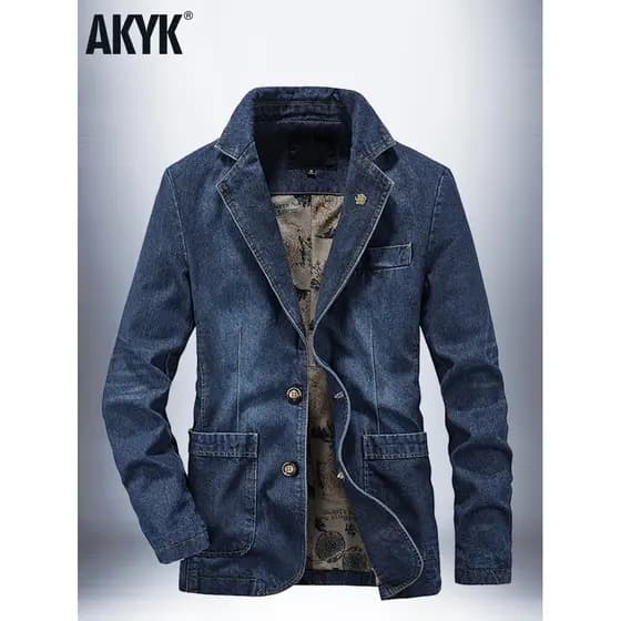 Primavera outono Denim terno masculino de manga comprida solto tamanho grande topo Multi-bolso negócios casual casual te