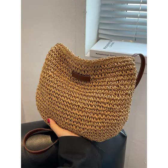 Bolsa de tecido à mão feminina 2025 novo estilo férias praia bolsa de ombro bolsa mensageiro bolsa balde de viagem bolsa