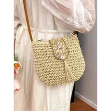 Ins na moda simples tecido saco 2026 novo estilo primavera moda palha balde saco versão coreana bolsa de ombro fresco