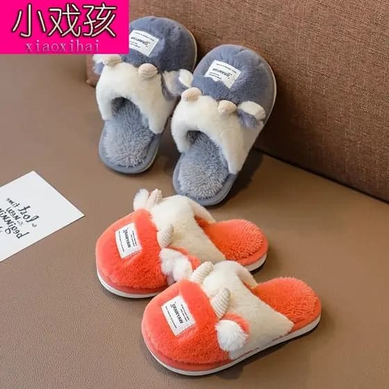 W inverno crianças chinelos de algodão bonito meninos meninas calcanhar-coberto antiderrapante chinelos peludos pai-filh