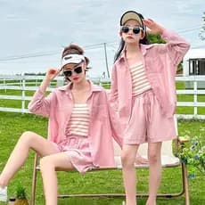 2025 novo estilo praia beira-mar férias pai-filho usar mãe-filha rosa protetor solar roupas camisa de verão terno de trê