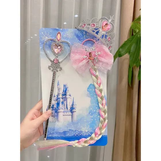 Peruca congelada trança varinha mágica coroa bandana conjunto de três peças criativo princesa cocar menina faixa de cabe