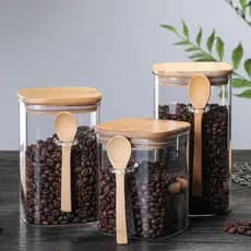 Jarra quadrada de vidro selada estilo japonês, jarra de armazenamento de grãos de café doméstico com colher de madeira,