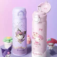 Copo térmico infantil Kuromi de aço inoxidável 316, canudo duplo, garrafa de água portátil de alto valor, copo de água f