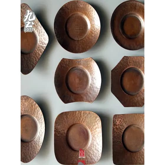 Jiutu suporte de copo de cobre artesanal, padrão de martelo de cobre, suporte de copo Kung Fu, conjunto de chá, mesa de