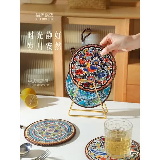 Relíquia estilo palácio cerâmica cortiça antiderrapante Coaster pingente decoração redonda Placemat almofada de isolamen