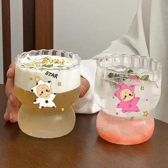 Ins copo de vidro copo de café nicho copo de suco dos desenhos animados copo de água doméstico de alto valor bonito copo