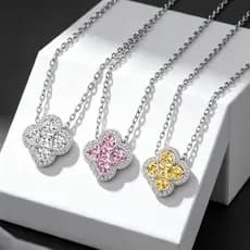 Colar de diamante trevo de quatro folhas de três cores transparente/rosa/amarelo zircão