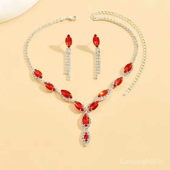 [Rhian] Conjunto De Colar De Strass/E Brincos Design Moda Requintada/Mistura De Cores/Vermelho/Azul/Prata Opções COD