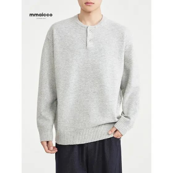 Momaike Roupas masculinas estilo dinheiro antigo Henry Collar Malhas masculinas 2025 estilo inverno cor sólida All-Match