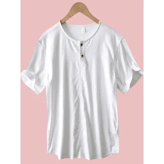 2026 novo estilo verão respirável camisa POLO masculina linho de manga curta camiseta Casual solto branco Henry colarinh
