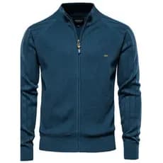Anti-Pilling pesado puro algodão masculino gola alta zíper malha Cardigan camisola masculina jaqueta preguiçosa