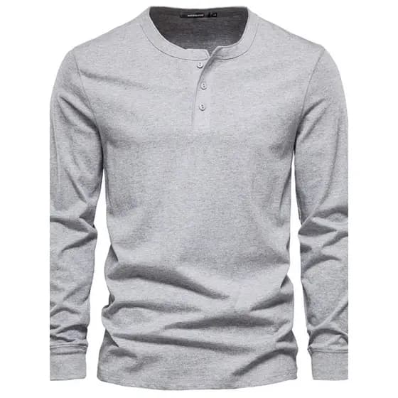 2026 primavera novo estilo henry camisa masculina pesada camiseta de algodão puro manga comprida gola henry ajuste fino
