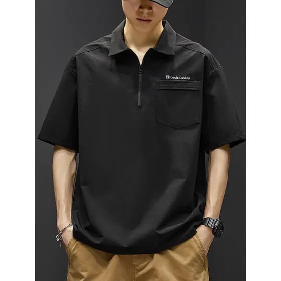 Verão fino de secagem rápida manga curta lapela topo camiseta masculina gola Polo camisa de bolso de seda gelo roupas ma