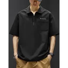 Verão fino de secagem rápida manga curta lapela topo camiseta masculina gola Polo camisa de bolso de seda gelo roupas ma