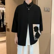 High street impresso camisa de manga curta masculina verão Drape camisa de manga de três quartos solta versão coreana na
